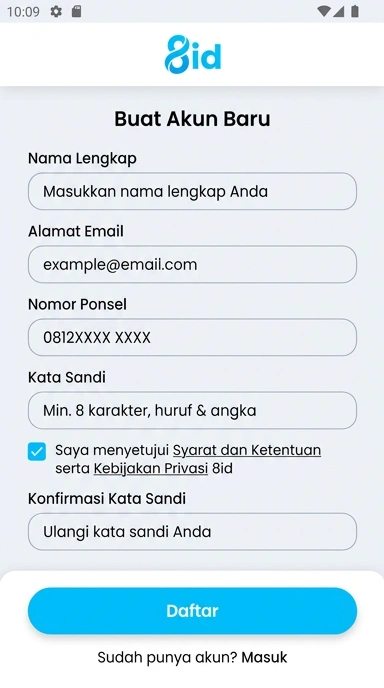 Tampilan halaman daftar 8id