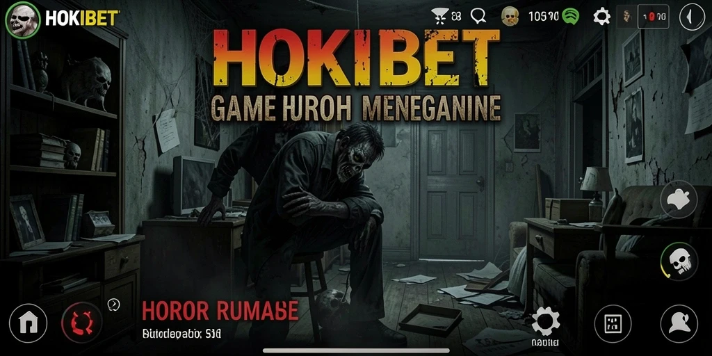 Antarmuka permainan HOKIBET menampilkan suasana rumah angker yang menegangkan.